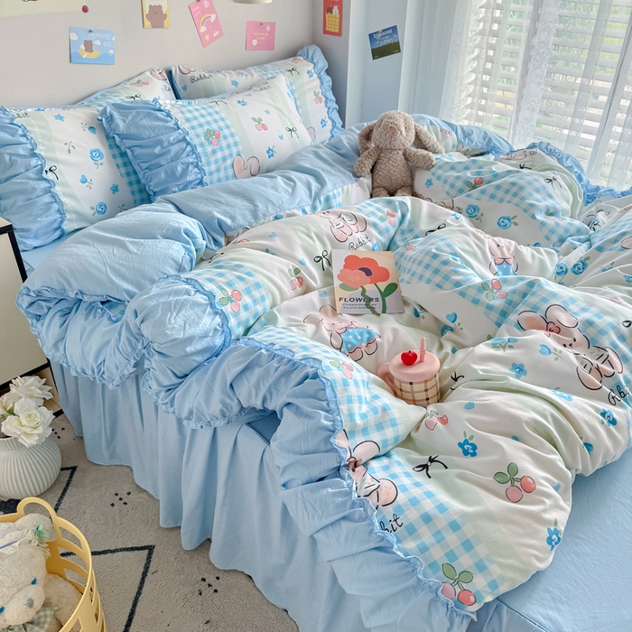 91家纺网 家纺一手货源 找家纺 优卡迪家纺馆 2025新款A类针织棉有氧双层纱花边款四件套 兰亭