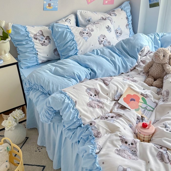 91家纺网 家纺一手货源 找家纺 优卡迪家纺馆 2025新款A类针织棉有氧双层纱花边款四件套 萌宠