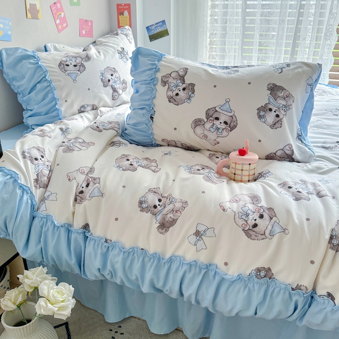 91家纺网 家纺一手货源 找家纺 优卡迪家纺馆 2025新款A类针织棉有氧双层纱花边款四件套 萌宠