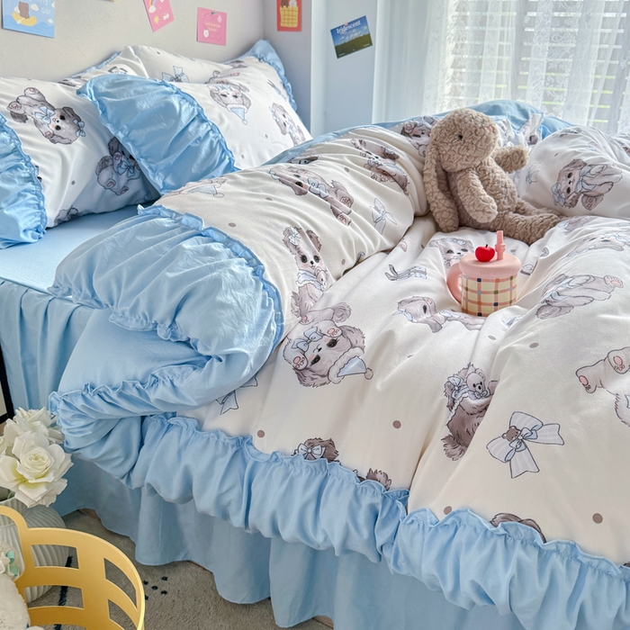 91家纺网 家纺一手货源 找家纺 优卡迪家纺馆 2025新款A类针织棉有氧双层纱花边款四件套 萌宠