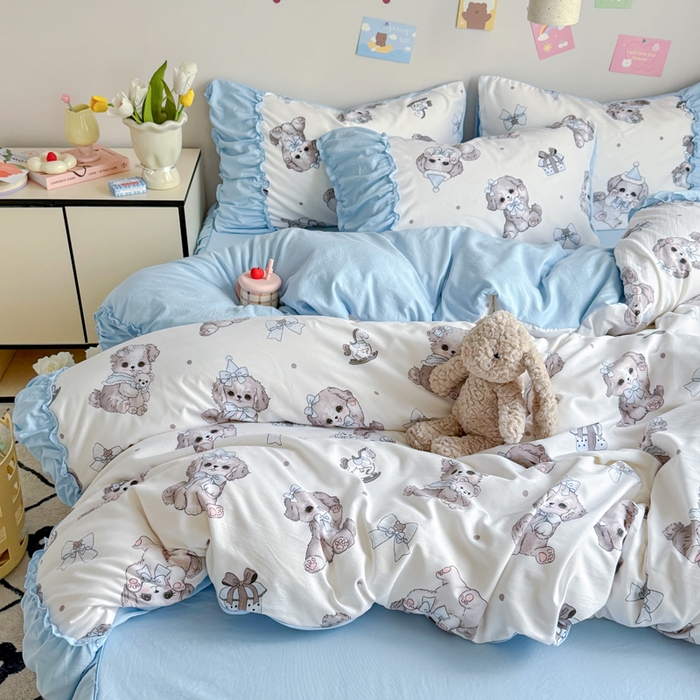 91家纺网 家纺一手货源 找家纺 优卡迪家纺馆 2025新款A类针织棉有氧双层纱花边款四件套 萌宠