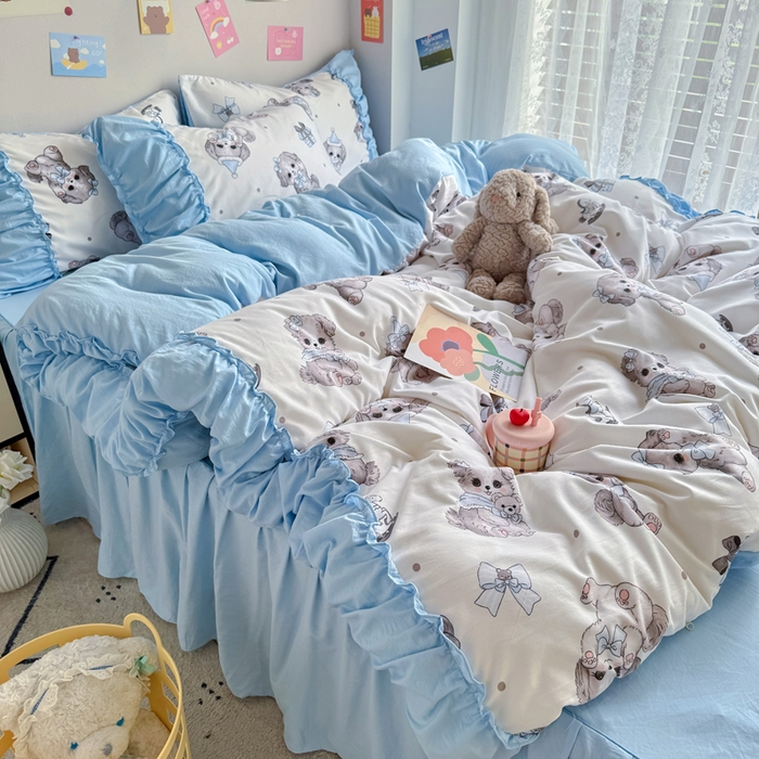 91家纺网 家纺一手货源 找家纺 优卡迪家纺馆 2025新款A类针织棉有氧双层纱花边款四件套 萌宠