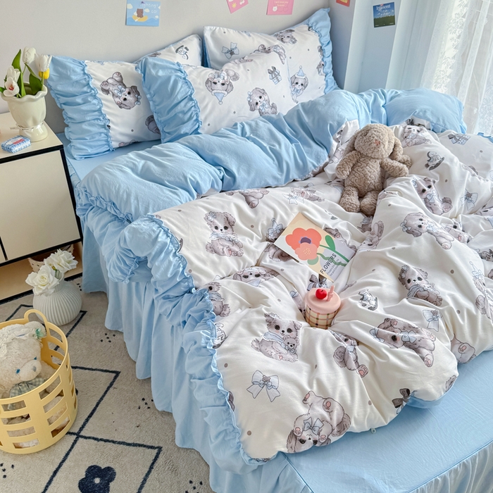 91家纺网 家纺一手货源 找家纺 优卡迪家纺馆 2025新款A类针织棉有氧双层纱花边款四件套 萌宠