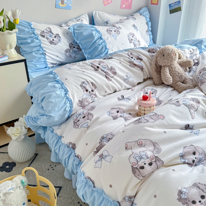 91家纺网 家纺一手货源 找家纺 优卡迪家纺馆 2025新款A类针织棉有氧双层纱花边款四件套 萌宠