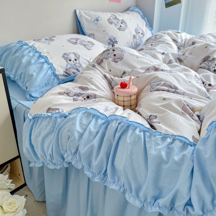 91家纺网 家纺一手货源 找家纺 优卡迪家纺馆 2025新款A类针织棉有氧双层纱花边款四件套 萌宠