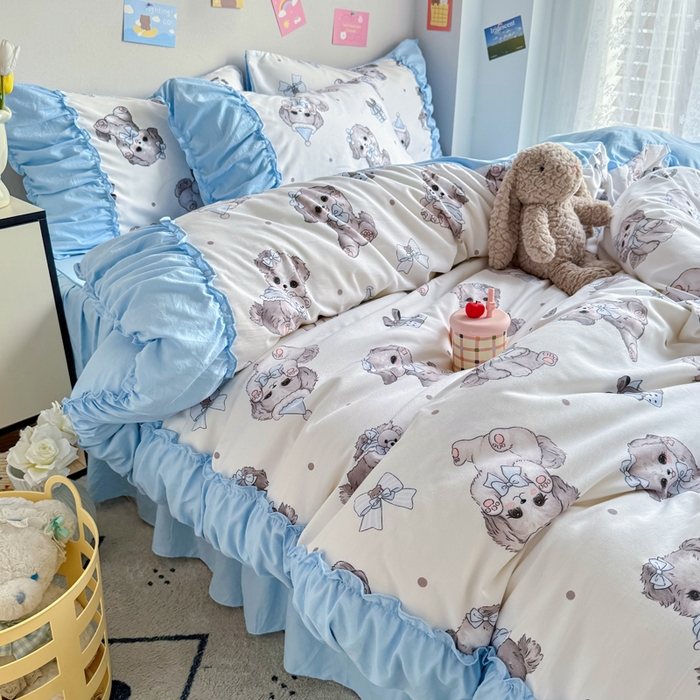 91家纺网 家纺一手货源 找家纺 优卡迪家纺馆 2025新款A类针织棉有氧双层纱花边款四件套 萌宠