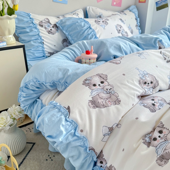 91家纺网 家纺一手货源 找家纺 优卡迪家纺馆 2025新款A类针织棉有氧双层纱花边款四件套 萌宠