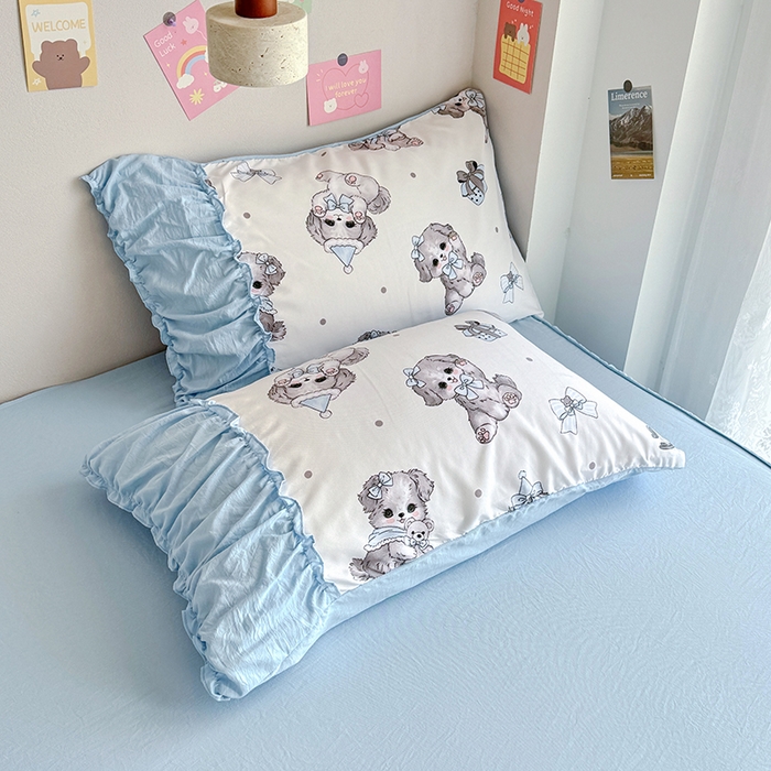 91家纺网 家纺一手货源 找家纺 优卡迪家纺馆 2025新款A类针织棉有氧双层纱花边款四件套 萌宠