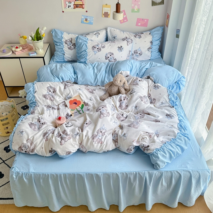 91家纺网 家纺一手货源 找家纺 优卡迪家纺馆 2025新款A类针织棉有氧双层纱花边款四件套 萌宠