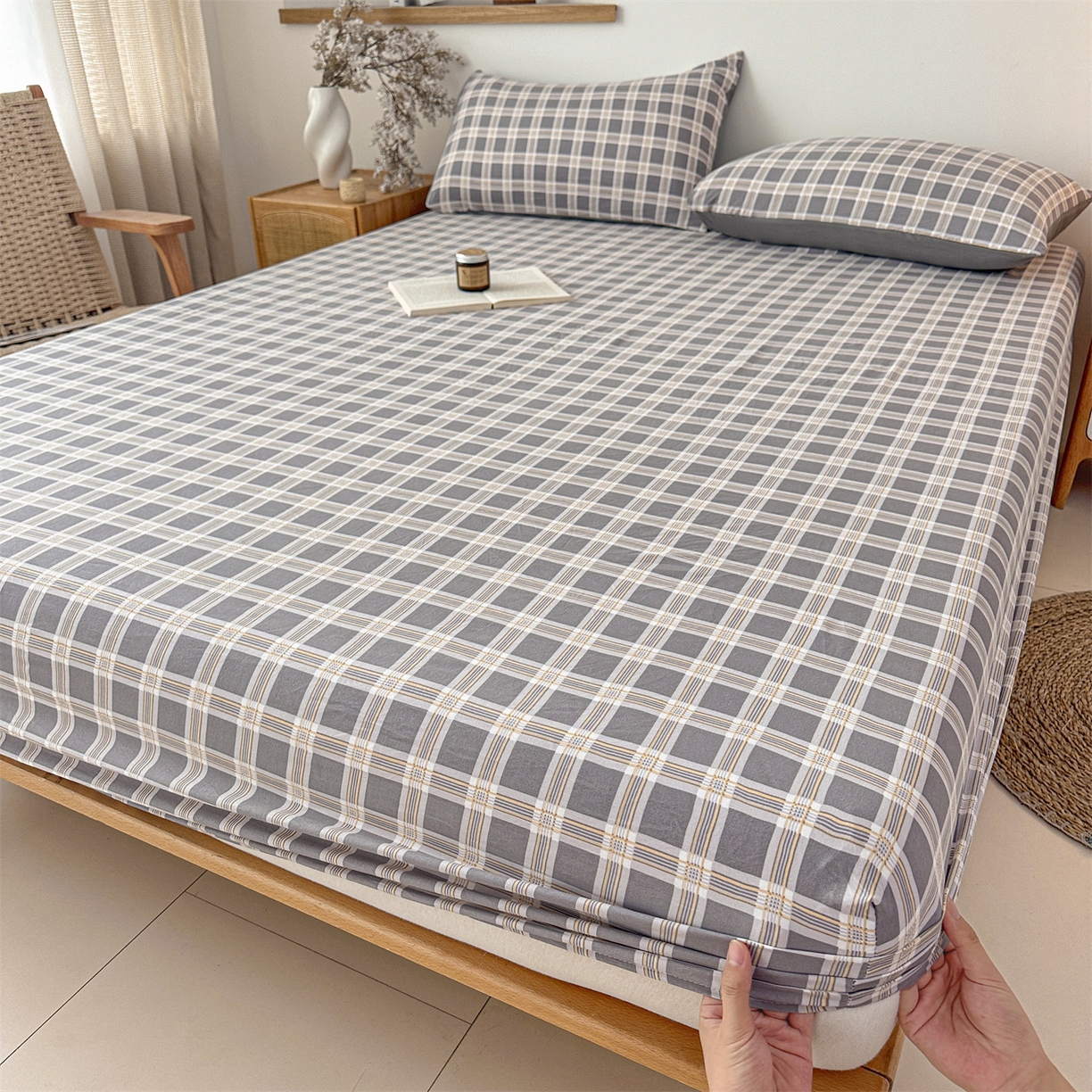 91家纺网 家纺一手货源 找家纺 盛秋家纺 2025新款A类水洗棉格子印花床笠单品床笠单件单床笠 保罗