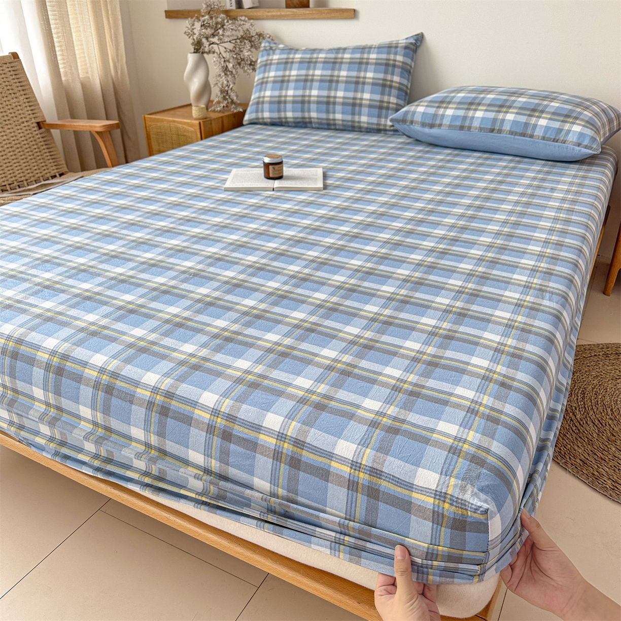 91家纺网 家纺一手货源 找家纺 盛秋家纺 2025新款A类水洗棉格子印花床笠单品床笠单件单床笠 简约