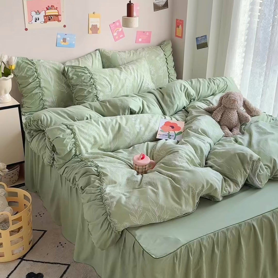 91家纺网 家纺一手货源 找家纺 优卡迪家纺馆 2025新款A类针织棉有氧双层纱花边款四件套 森恋