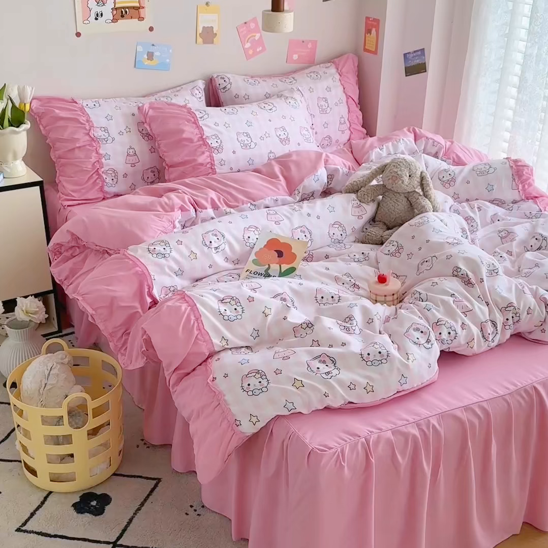 91家纺网 家纺一手货源 找家纺 优卡迪家纺馆 2025新款A类针织棉有氧双层纱花边款四件套 知音