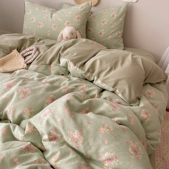 91家纺网 家纺一手货源 找家纺 贝扬思家纺 2025新款云感双层纱印花四件套 奶油气泡