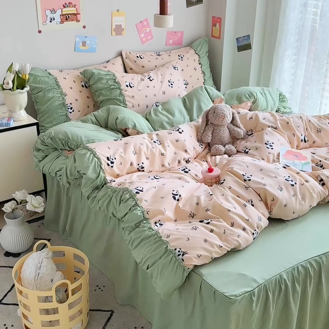 91家纺网 家纺一手货源 找家纺 优卡迪家纺馆 2025新款A类针织棉有氧双层纱花边款四件套 呢喃