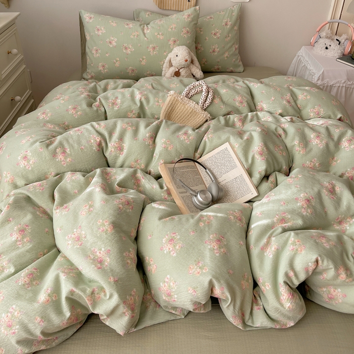 91家纺网 家纺一手货源 找家纺 贝扬思家纺 2025新款云感双层纱印花四件套 奶油气泡