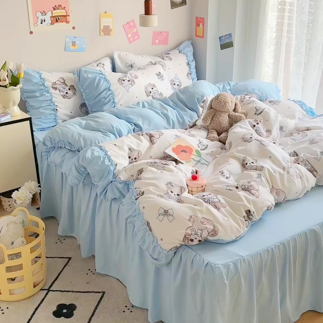 91家纺网 家纺一手货源 找家纺 优卡迪家纺馆 2025新款A类针织棉有氧双层纱花边款四件套 萌宠