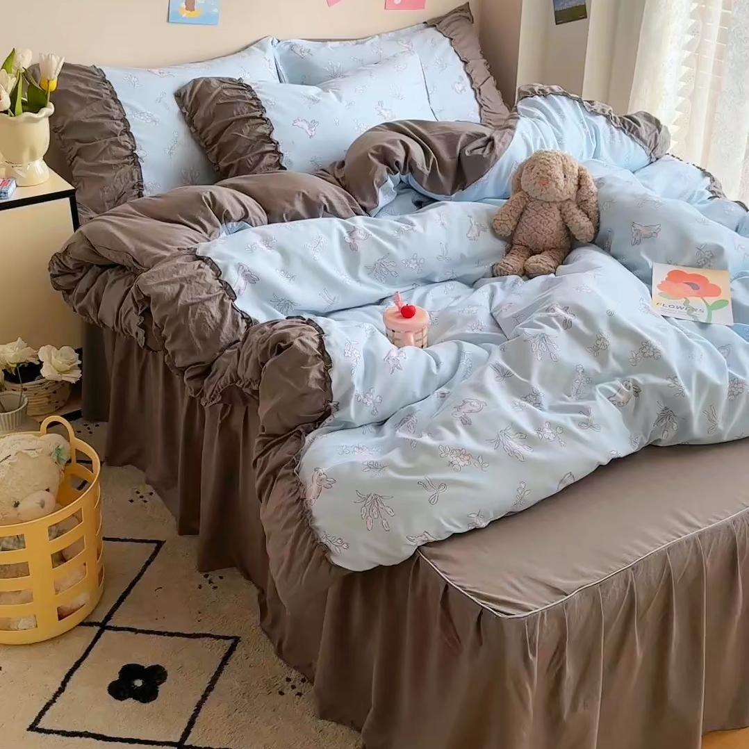 91家纺网 家纺一手货源 找家纺 优卡迪家纺馆 2025新款A类针织棉有氧双层纱花边款四件套 知秋