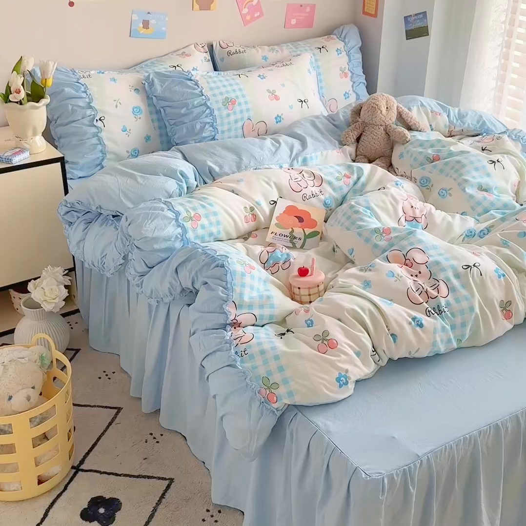 91家纺网 家纺一手货源 找家纺 优卡迪家纺馆 2025新款A类针织棉有氧双层纱花边款四件套 兰亭