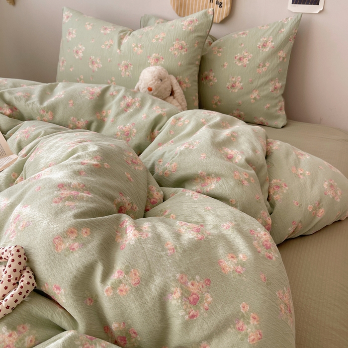 91家纺网 家纺一手货源 找家纺 贝扬思家纺 2025新款云感双层纱印花四件套 奶油气泡