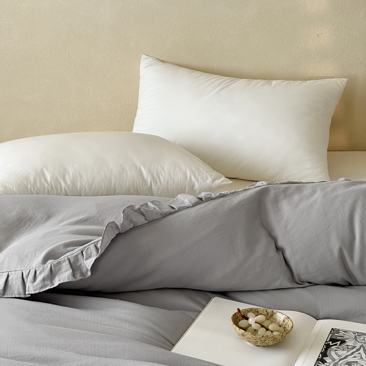 91家纺网 家纺一手货源 找家纺 三味舒屋 2025新款花边美学全棉双层纱单品单被套 浅花灰