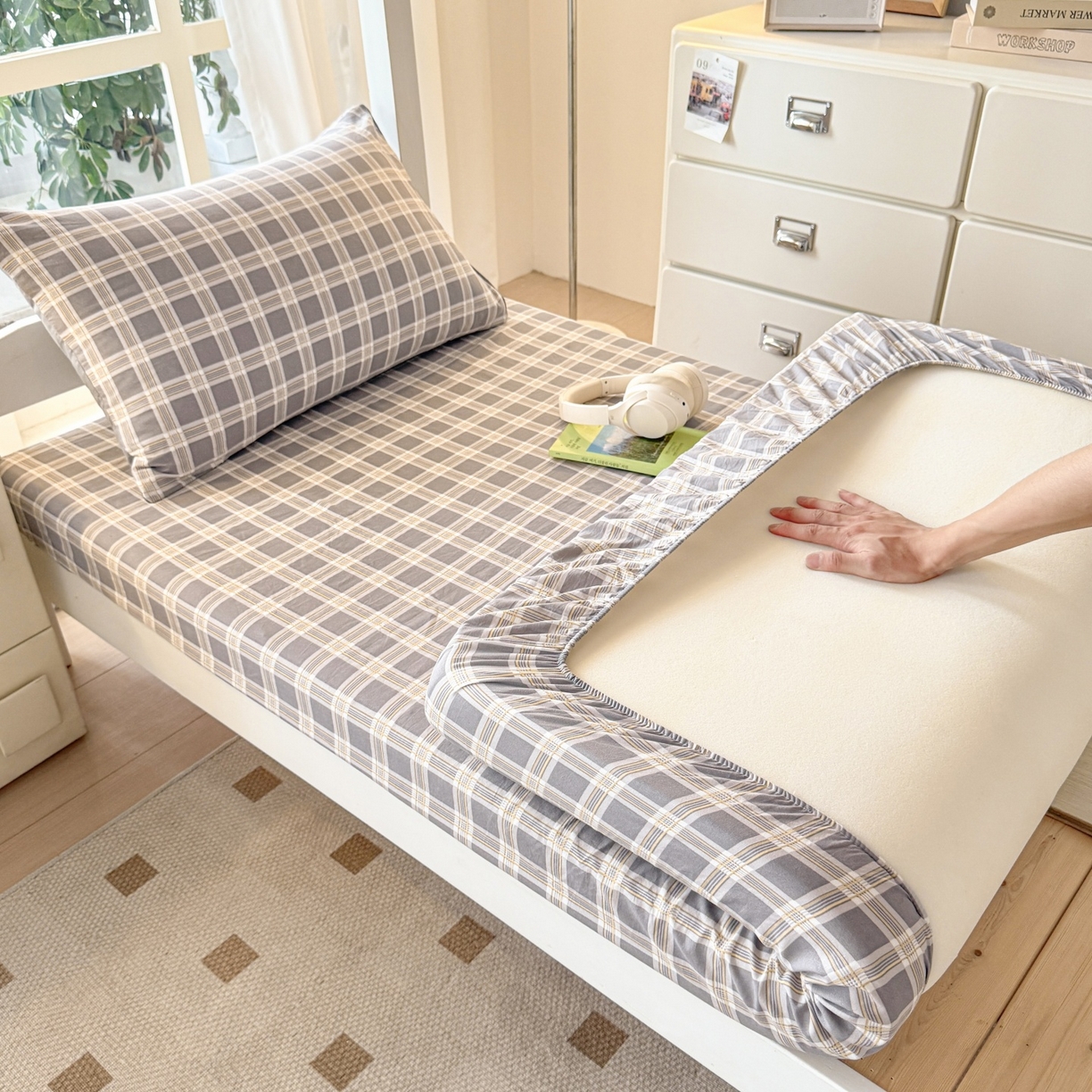 91家纺网 家纺一手货源 找家纺 盛秋家纺 2025新款A类水洗棉格子印花床笠单品床笠单件单床笠 保罗