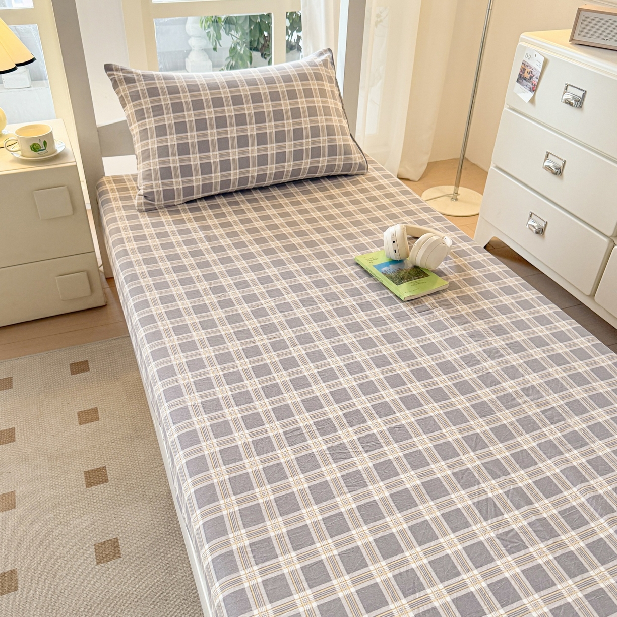 91家纺网 家纺一手货源 找家纺 盛秋家纺 2025新款A类水洗棉格子印花床笠单品床笠单件单床笠 保罗