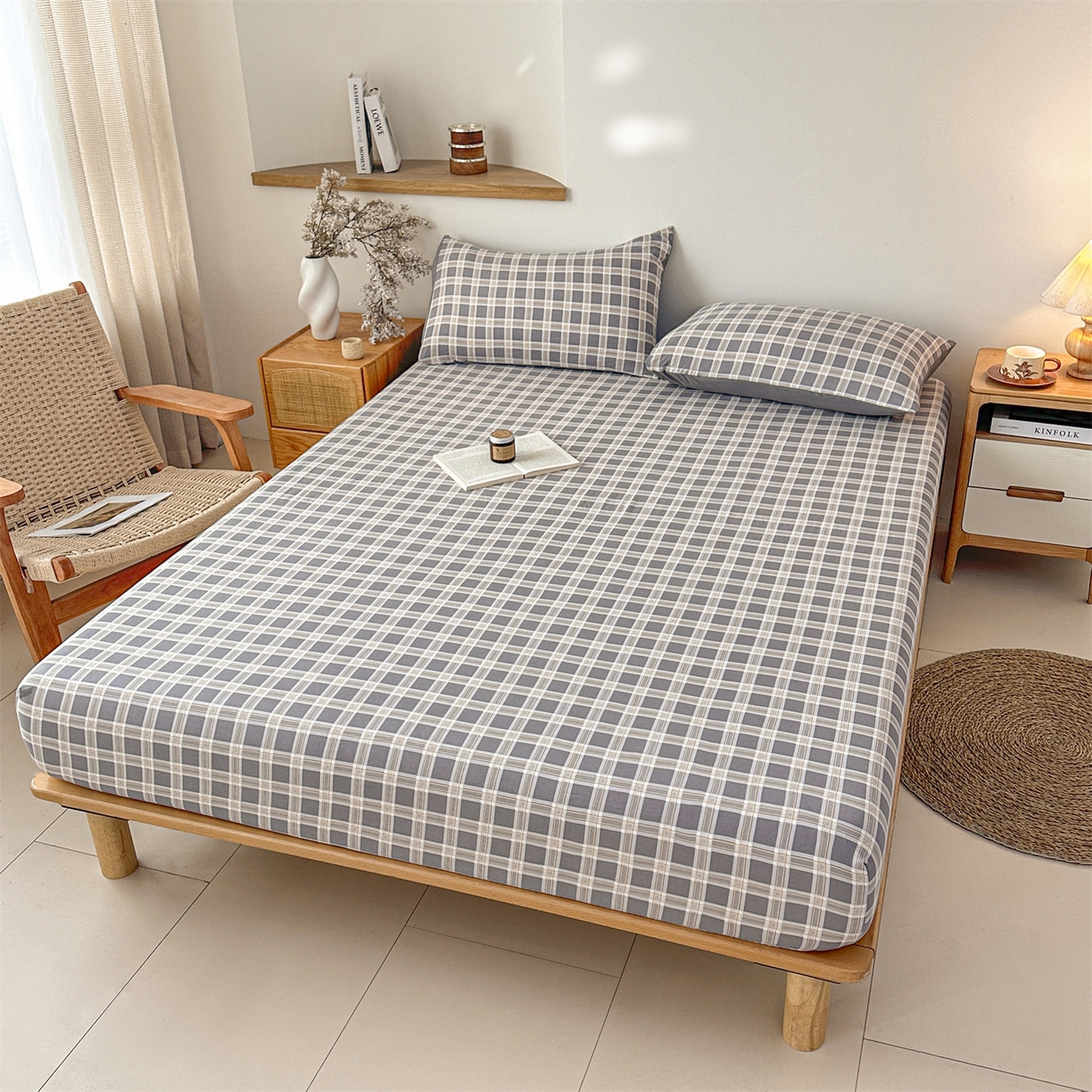 91家纺网 家纺一手货源 找家纺 盛秋家纺 2025新款A类水洗棉格子印花床笠单品床笠单件单床笠 保罗