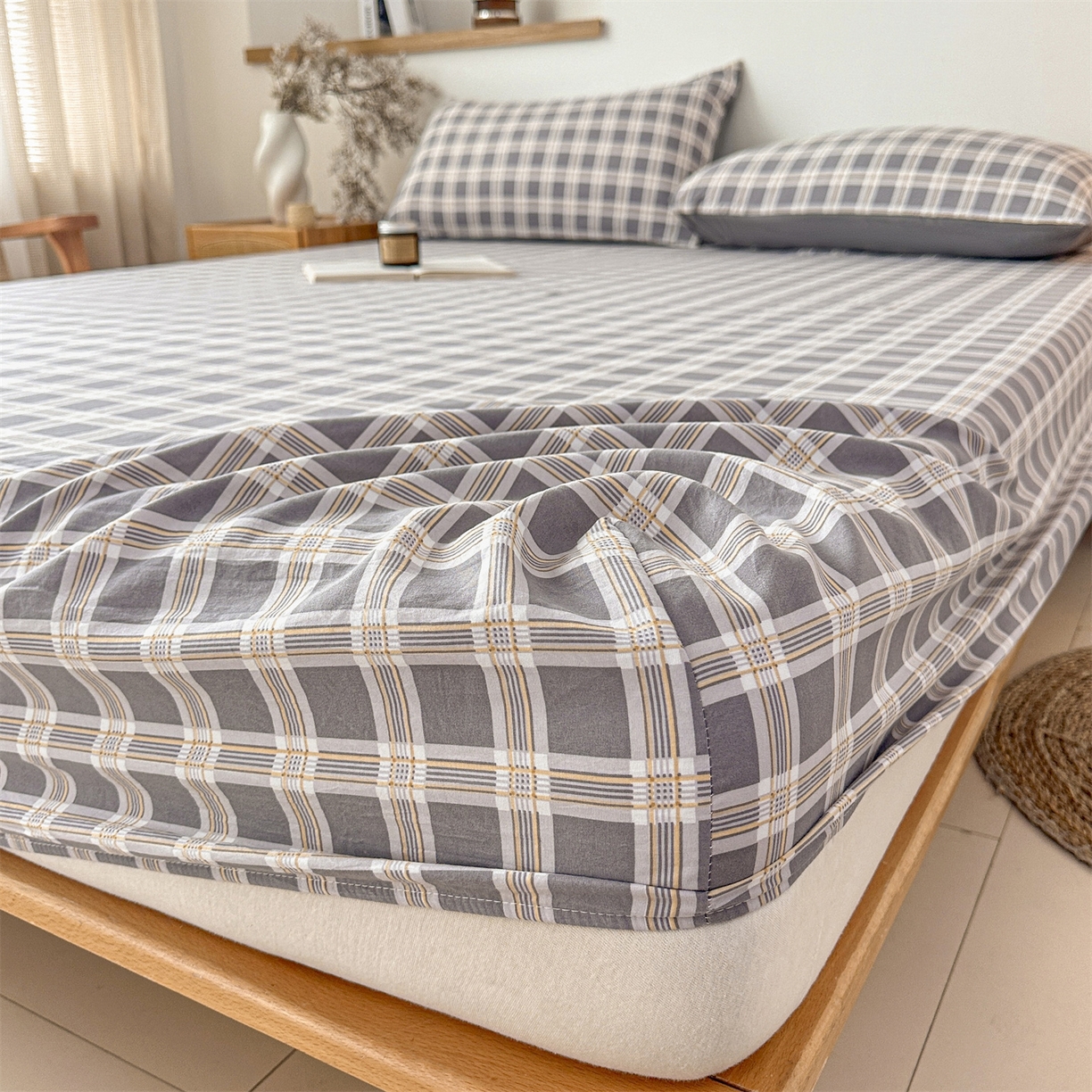 91家纺网 家纺一手货源 找家纺 盛秋家纺 2025新款A类水洗棉格子印花床笠单品床笠单件单床笠 保罗