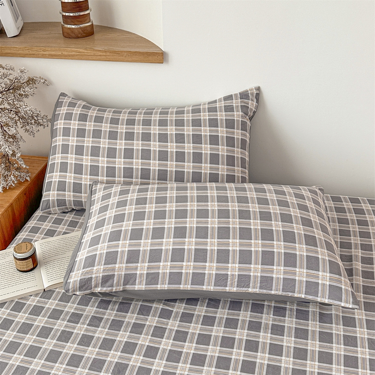 91家纺网 家纺一手货源 找家纺 盛秋家纺 2025新款A类水洗棉格子印花床笠单品床笠单件单床笠 保罗