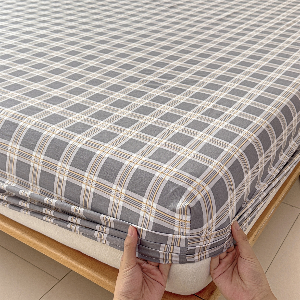 91家纺网 家纺一手货源 找家纺 盛秋家纺 2025新款A类水洗棉格子印花床笠单品床笠单件单床笠 保罗