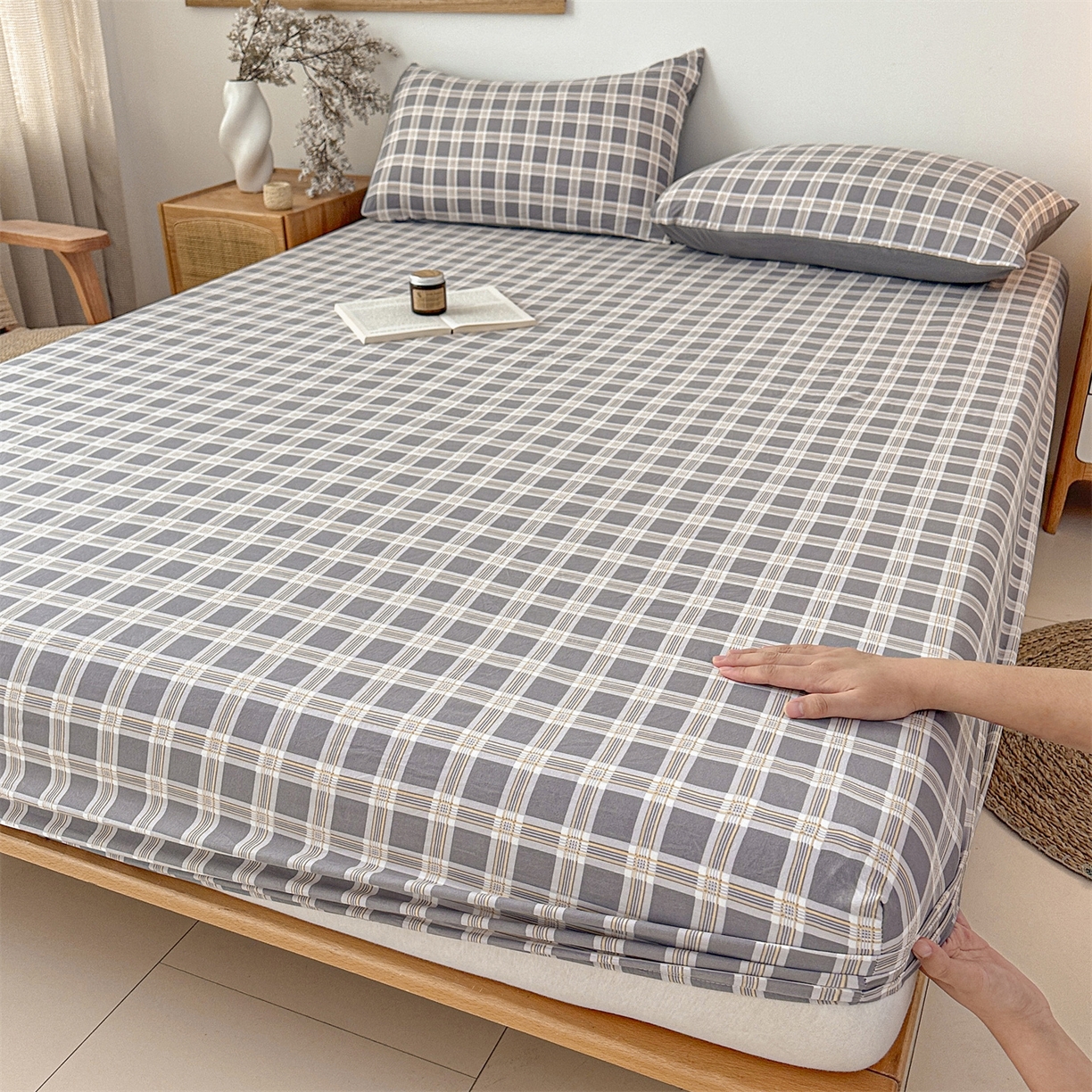 91家纺网 家纺一手货源 找家纺 盛秋家纺 2025新款A类水洗棉格子印花床笠单品床笠单件单床笠 保罗