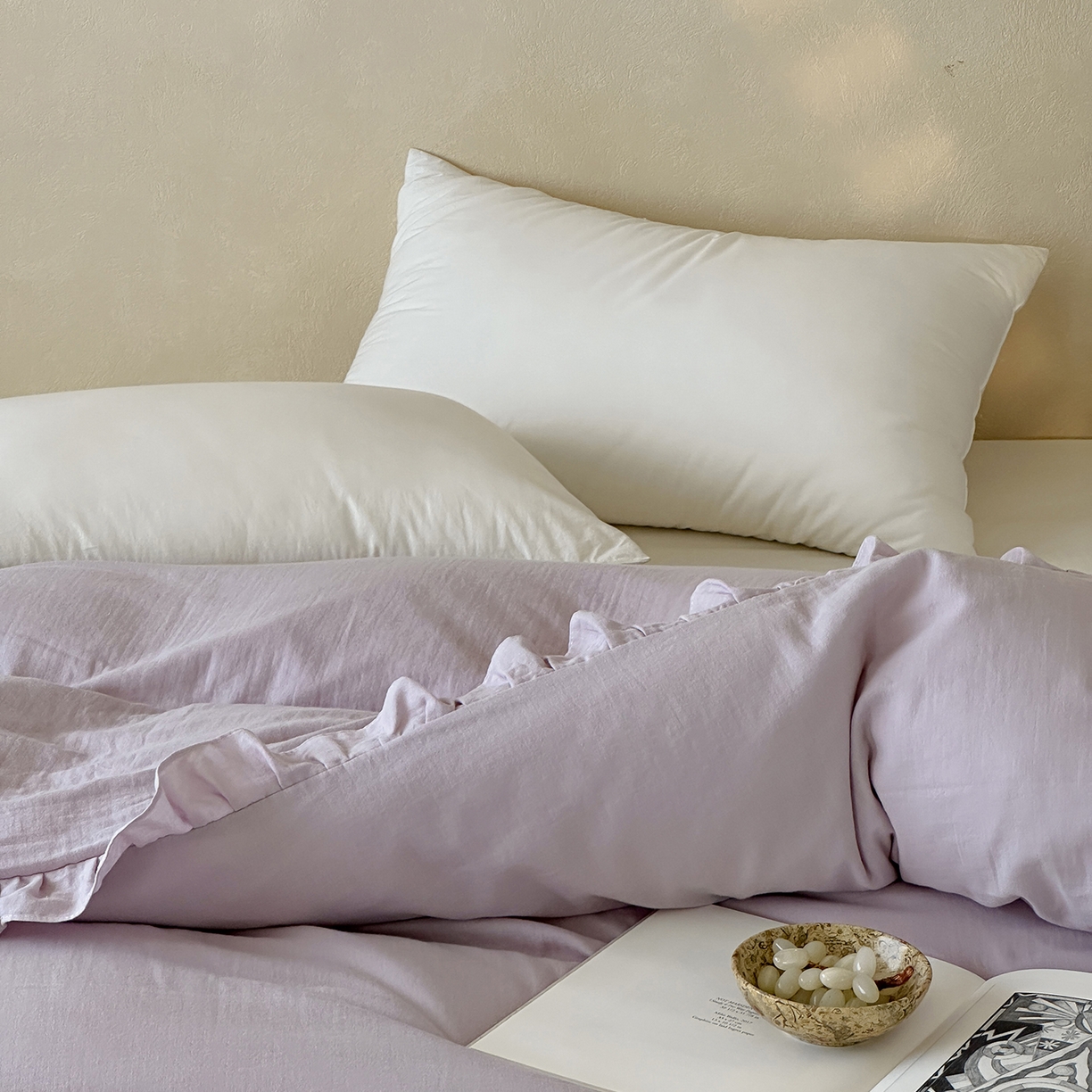 91家纺网 家纺一手货源 找家纺 三味舒屋 2025新款花边美学全棉双层纱单品单被套 香芋奶昔