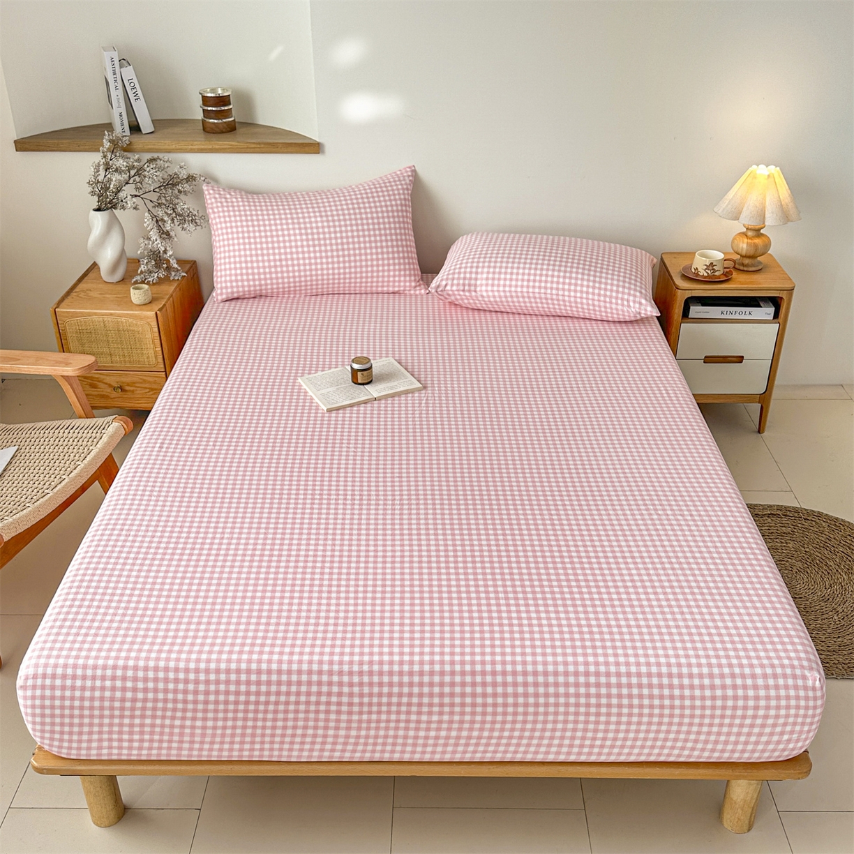 91家纺网 家纺一手货源 找家纺 盛秋家纺 2025新款A类水洗棉格子印花床笠单品床笠单件单床笠 粉小格