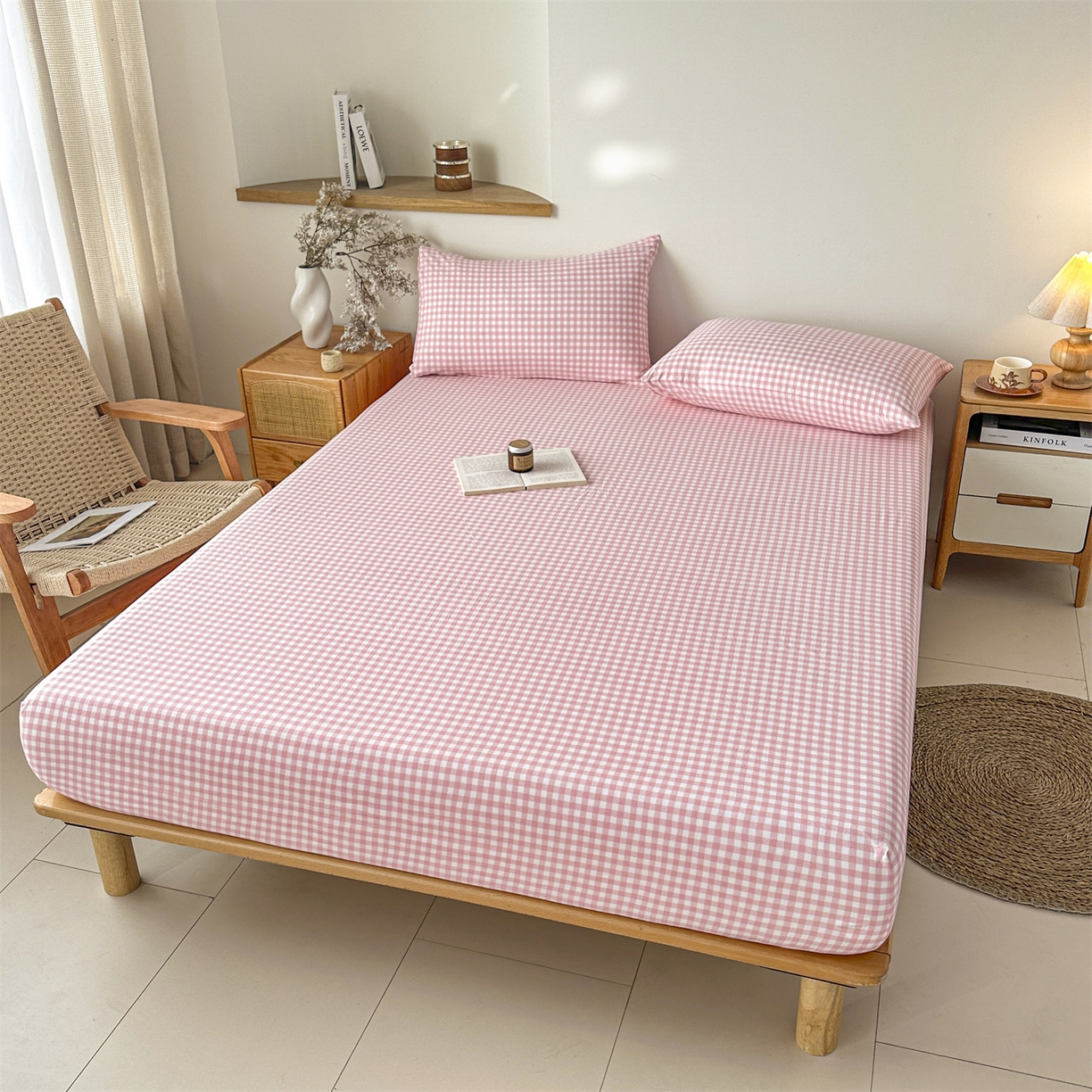 91家纺网 家纺一手货源 找家纺 盛秋家纺 2025新款A类水洗棉格子印花床笠单品床笠单件单床笠 粉小格
