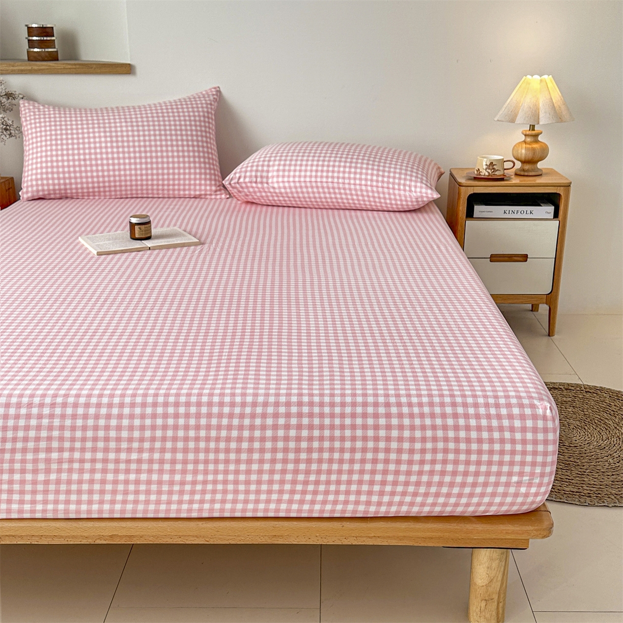 91家纺网 家纺一手货源 找家纺 盛秋家纺 2025新款A类水洗棉格子印花床笠单品床笠单件单床笠 粉小格