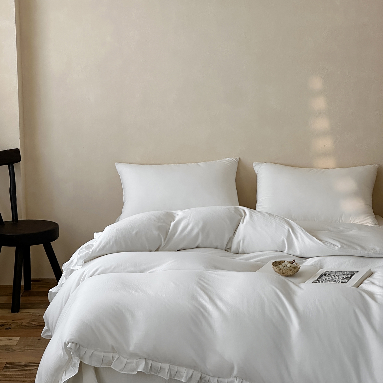 91家纺网 家纺一手货源 找家纺 三味舒屋 2025新款花边美学全棉双层纱单品单被套 云舒白