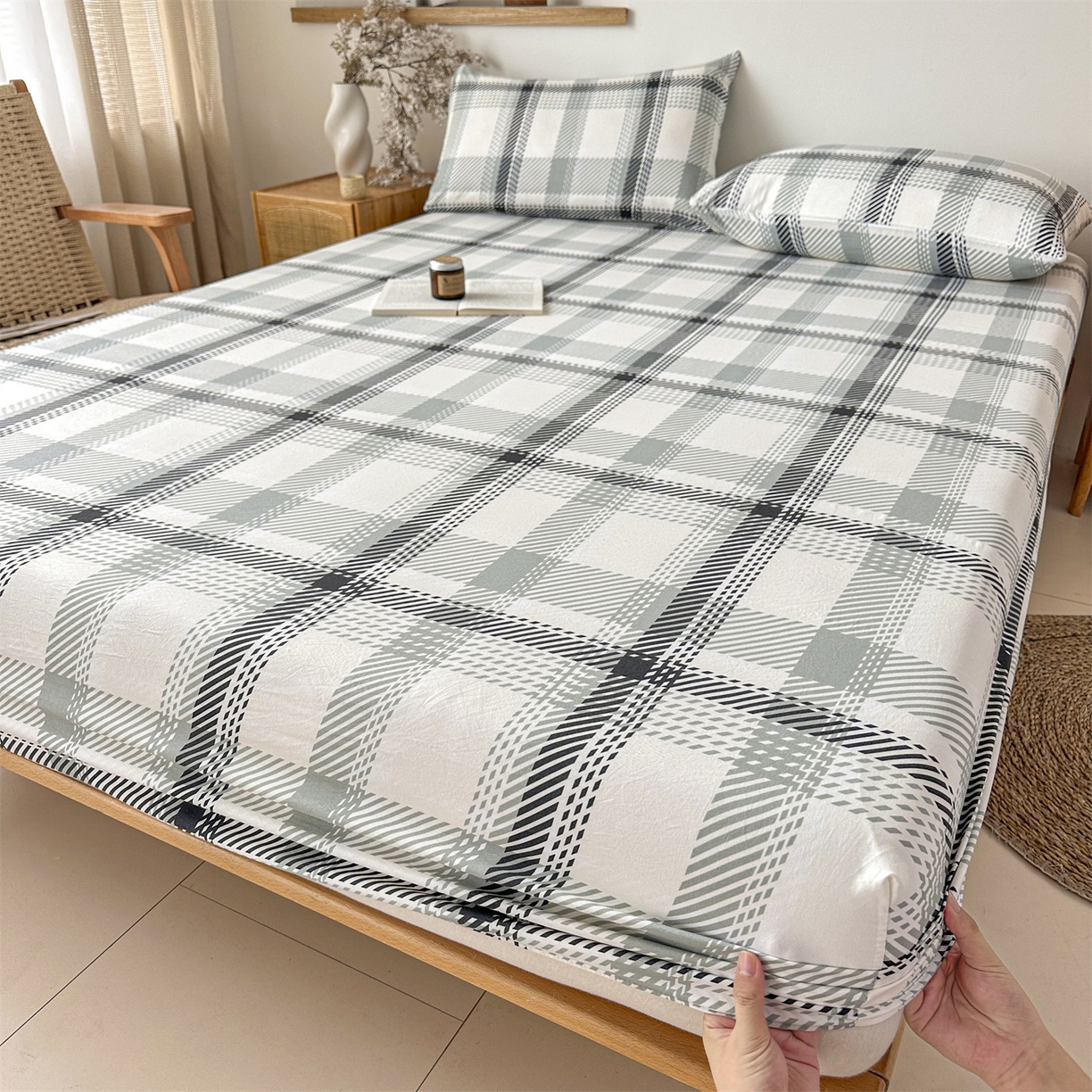 盛秋家纺 2025新款A类水洗棉格子印花床笠单品床笠单件单床笠 格瑞斯