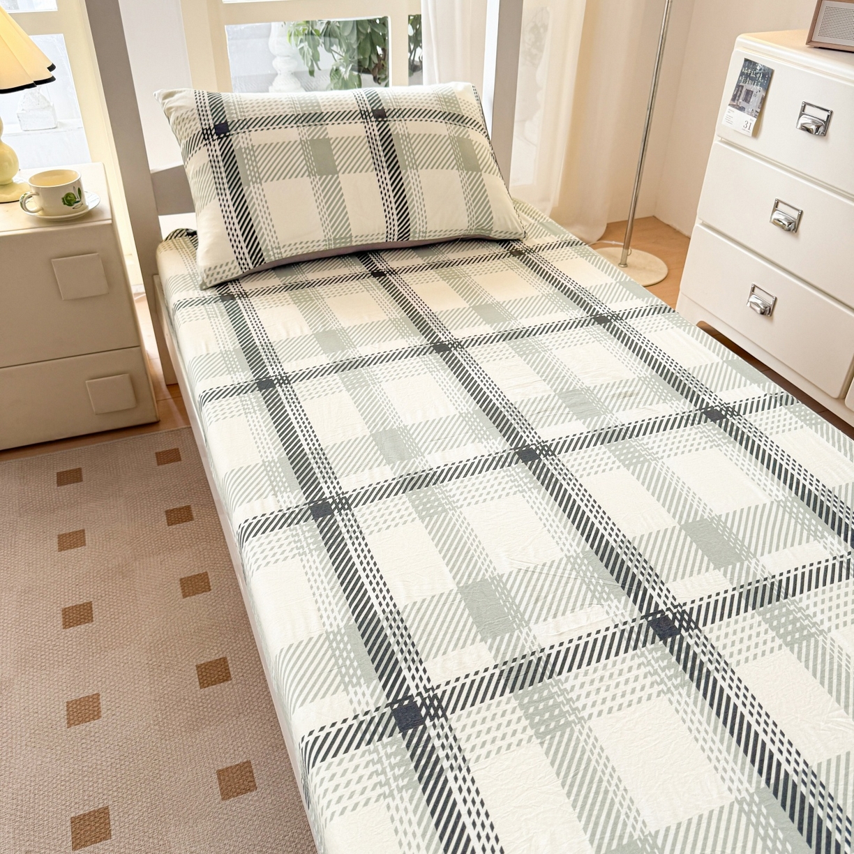 91家纺网 家纺一手货源 找家纺 盛秋家纺 2025新款A类水洗棉格子印花床笠单品床笠单件单床笠 格瑞斯