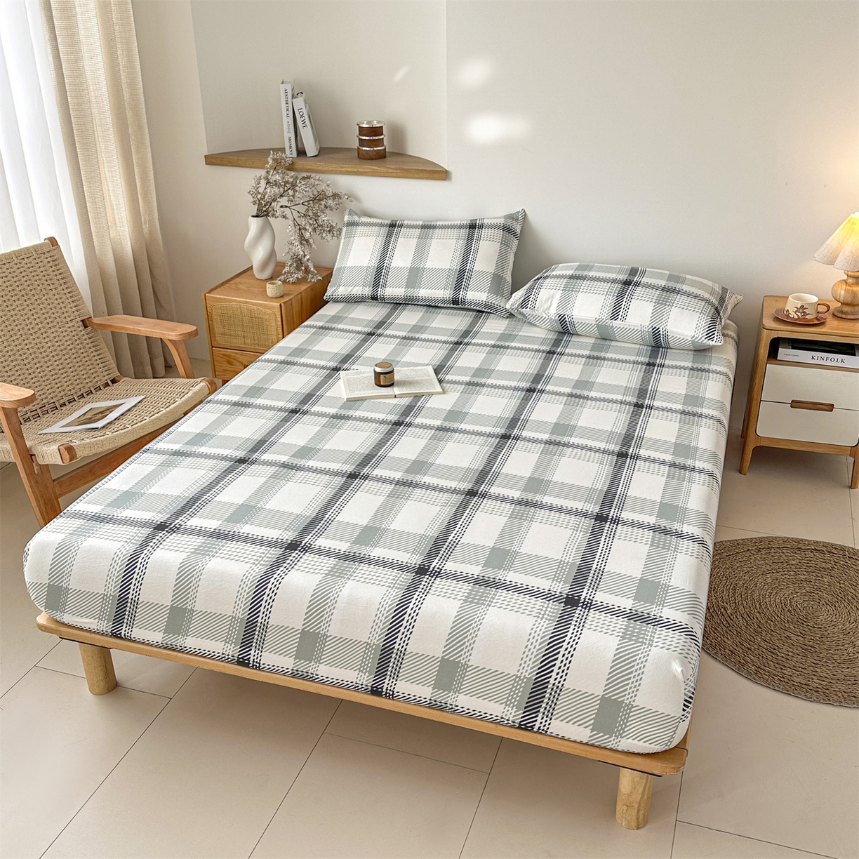 91家纺网 家纺一手货源 找家纺 盛秋家纺 2025新款A类水洗棉格子印花床笠单品床笠单件单床笠 格瑞斯