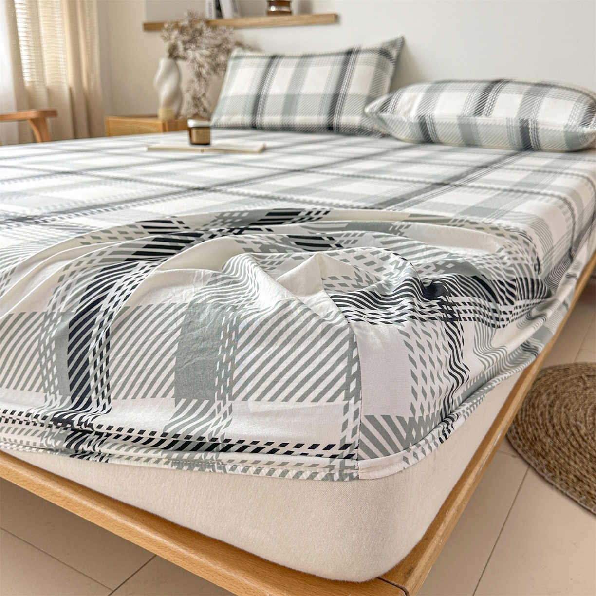 91家纺网 家纺一手货源 找家纺 盛秋家纺 2025新款A类水洗棉格子印花床笠单品床笠单件单床笠 格瑞斯