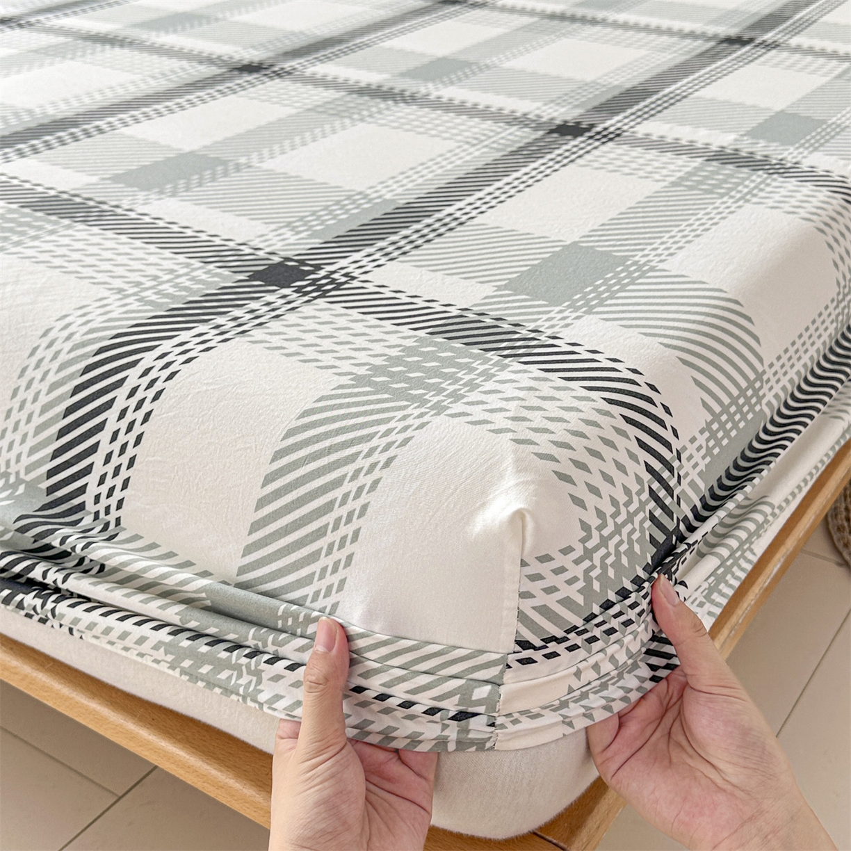 91家纺网 家纺一手货源 找家纺 盛秋家纺 2025新款A类水洗棉格子印花床笠单品床笠单件单床笠 格瑞斯