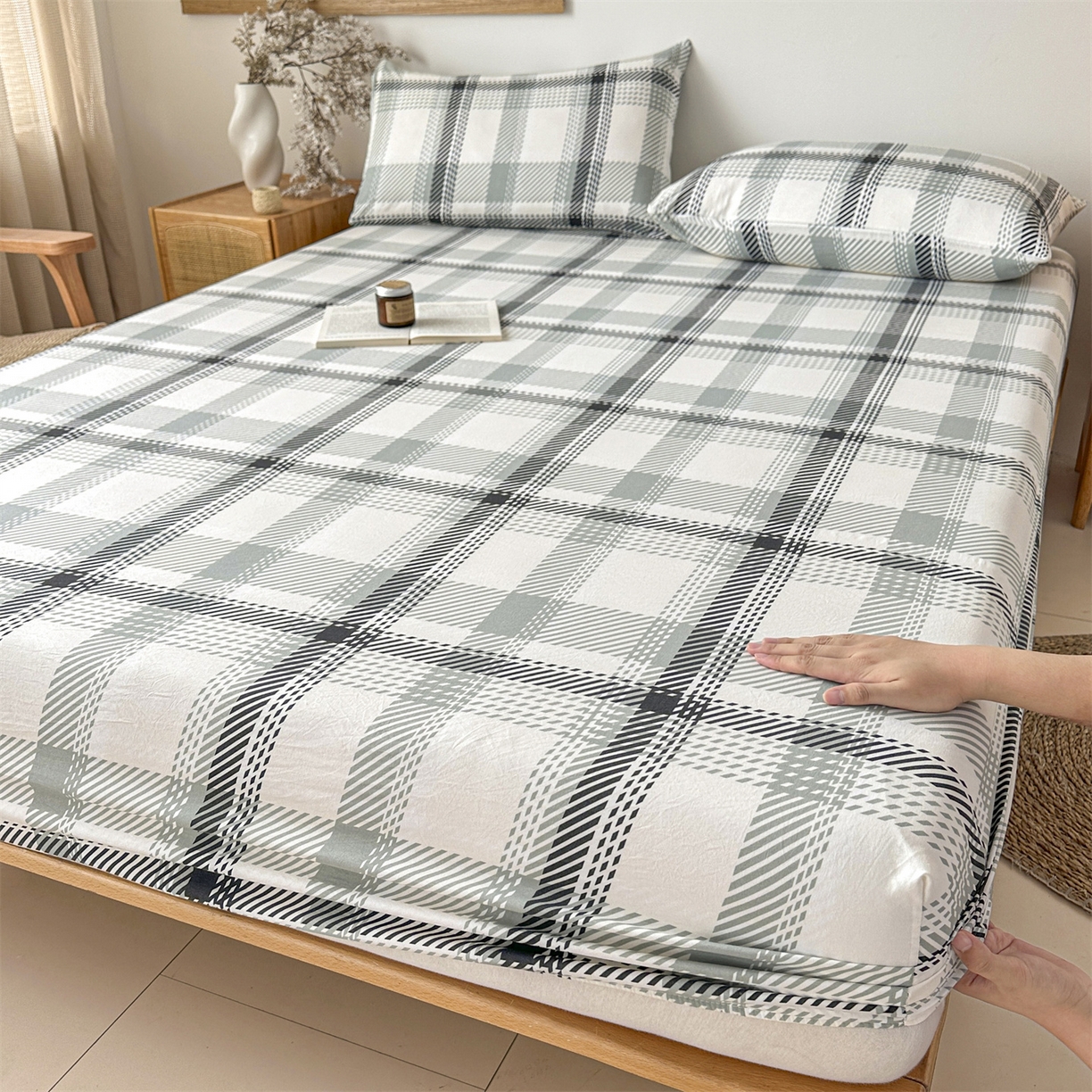 91家纺网 家纺一手货源 找家纺 盛秋家纺 2025新款A类水洗棉格子印花床笠单品床笠单件单床笠 格瑞斯