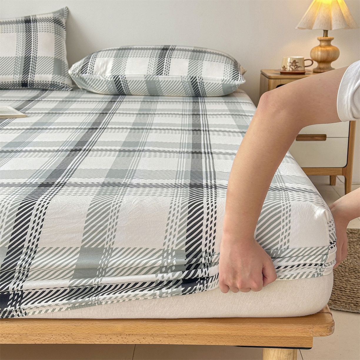 91家纺网 家纺一手货源 找家纺 盛秋家纺 2025新款A类水洗棉格子印花床笠单品床笠单件单床笠 格瑞斯