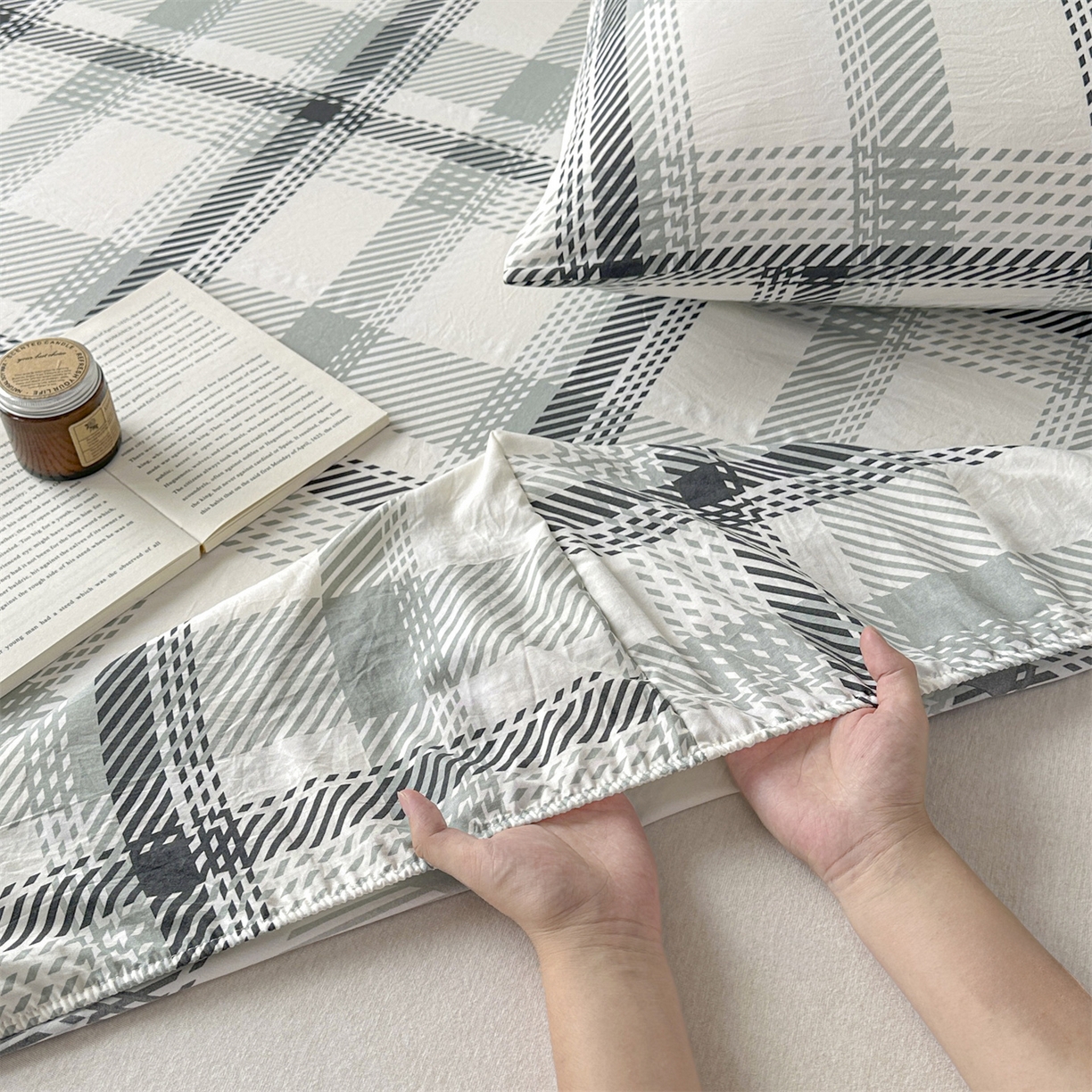 91家纺网 家纺一手货源 找家纺 盛秋家纺 2025新款A类水洗棉格子印花床笠单品床笠单件单床笠 格瑞斯