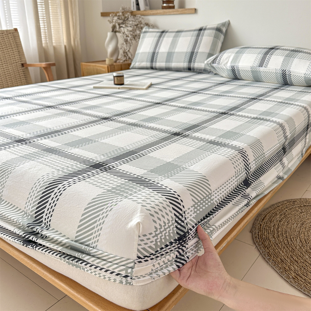 91家纺网 家纺一手货源 找家纺 盛秋家纺 2025新款A类水洗棉格子印花床笠单品床笠单件单床笠 格瑞斯