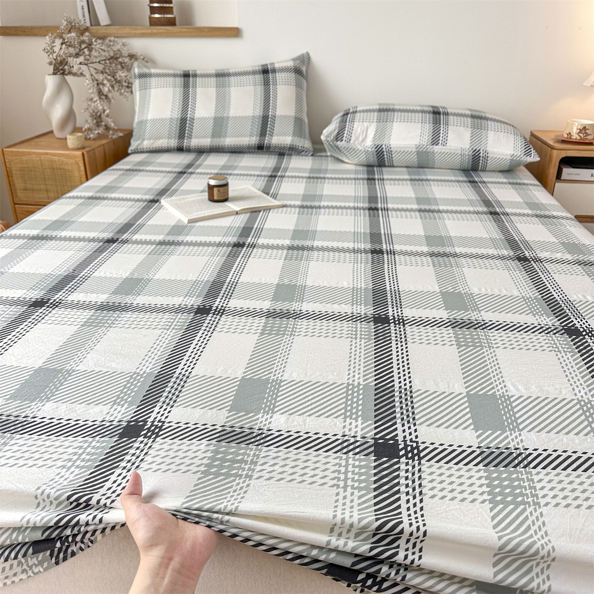 91家纺网 家纺一手货源 找家纺 盛秋家纺 2025新款A类水洗棉格子印花床笠单品床笠单件单床笠 格瑞斯