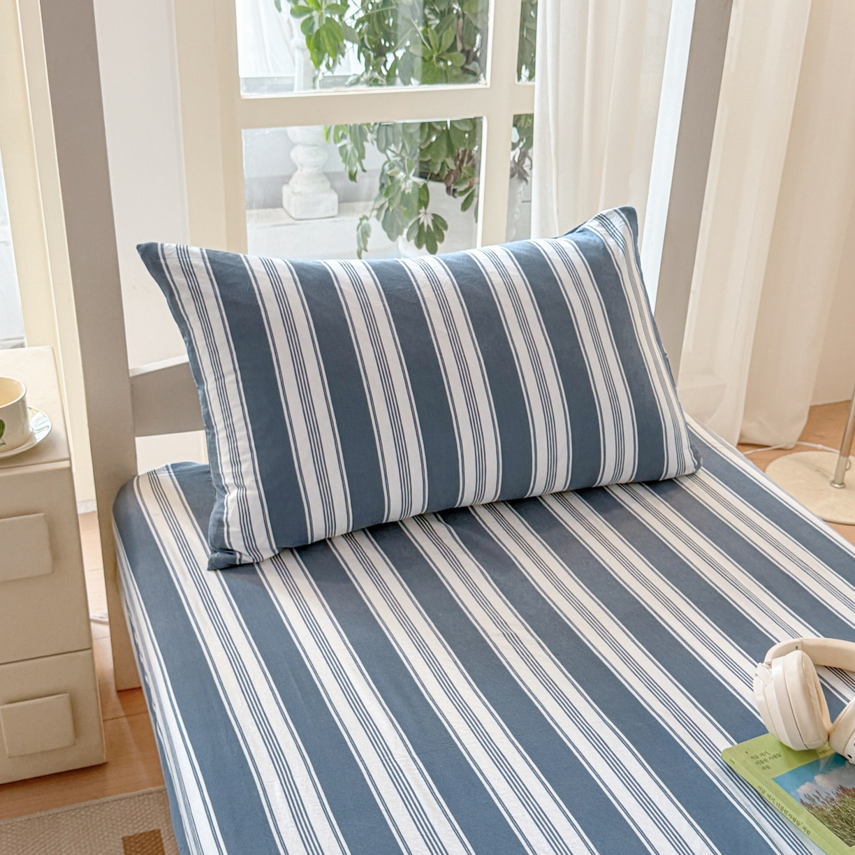 91家纺网 家纺一手货源 找家纺 盛秋家纺 2025新款A类水洗棉格子印花床笠单品床笠单件单床笠 黑灰中条