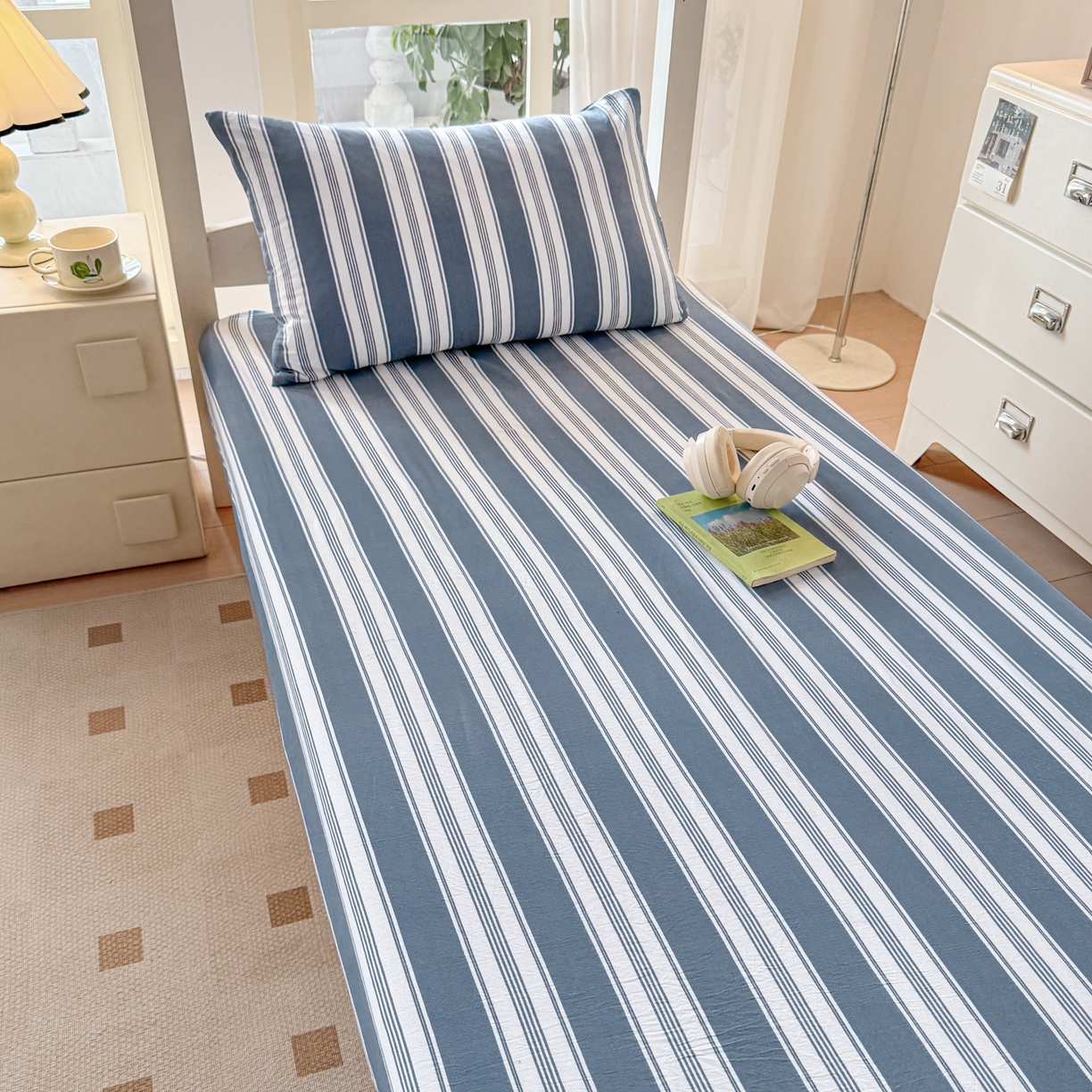 91家纺网 家纺一手货源 找家纺 盛秋家纺 2025新款A类水洗棉格子印花床笠单品床笠单件单床笠 黑灰中条