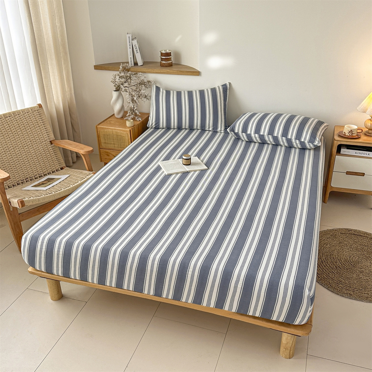 91家纺网 家纺一手货源 找家纺 盛秋家纺 2025新款A类水洗棉格子印花床笠单品床笠单件单床笠 黑灰中条